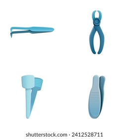 Medical instrument icons set cartoon vector. Tweezer and microsurgical forceps. Collection of hand metal tool