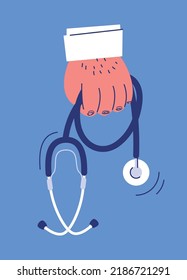 Medical instrument for listening to heartbeats. The hand of a paramedic in a medical gown with a stethoscope. Medical examination and diagnosis of heart diseases.