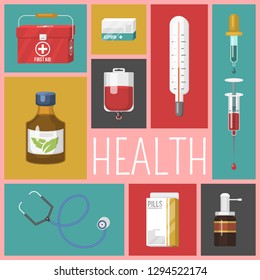 Medical instrument seamless pattern. First-aid set outfit medicine chest and doctor tools medicament. Medication hospital, health treatment vector illustration. Health care.