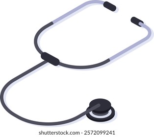 Medical instrument stethoscope laying on a white surface, useful for doctors and nurses for auscultating patients, in a modern isometric view