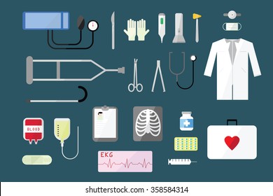 Instrumento médico y conjunto de herramientas. Diseño plano.