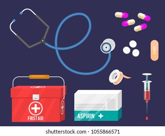 Medical instruments and doctor tools medicament in cartoon style medication hospital health treatment vector illustration.