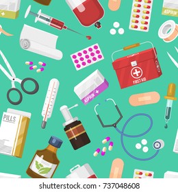 Medical instruments doctor tools vector medicament in cartoon style medication hospital health seamless pattern background
