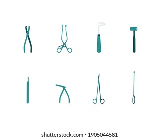 Medical instruments isolated on white background. Vector stock illustration. Surgical instruments: kerrison, knife handle for cutting, retaining retractor, scalpel, scissors. Flat style.