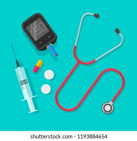 Medical instruments isolated vector illustration, flat cartoon pills, medicine tablets, stethoscope, glucometer and syringe objects top view on table, medicine diagnostic equipment, medical stuff