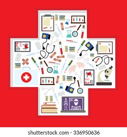 Medical instruments and medicament background in flat style design. Isolated vector illustration