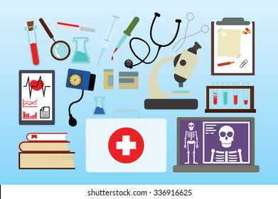 Medical instruments and medicament in flat style. Vector illustration. Isolated background