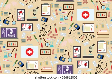 Medical instruments and medicament pattern background in flat style vector design