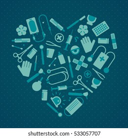 Medical instruments and medicine concept in a heart shape flat vector illustration