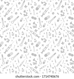 Medical instruments and pills seamless pattern. Syringe, thermometer, microscope vector flat illustration. Health care, medical aid during global pandemic of Coronavirus Covid-19 background concept.