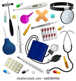 Medical instruments and preparations set. Medicine and health. Isolated objects. White background. Vector illustration.