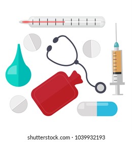 Medical instruments set. A collection of medical tools a flat vector illustration. Medical equipment