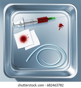Medical instruments set with equipment after blood taking in metal sterilizer isolated vector illustration