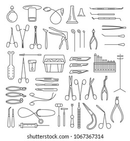 Medical instruments thin linear icon set. Gynecology, otorhinolaryngology, dentistry, surgery, therapy and other. Vector illustration