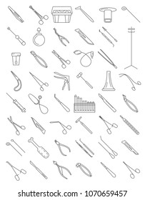 Medical instruments thin linear icon set. Gynecology, otorhinolaryngology, dentistry, surgery, therapy and other. Vector illustration