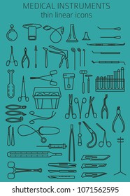 Medical instruments thin linear icon set. Gynecology, otorhinolaryngology, dentistry, surgery, therapy and other. Vector illustration