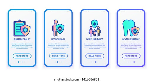 Medical insurance app: policy, life, family, dental thin line icons. Modern vector illustration for mobile user interface on smartphone.