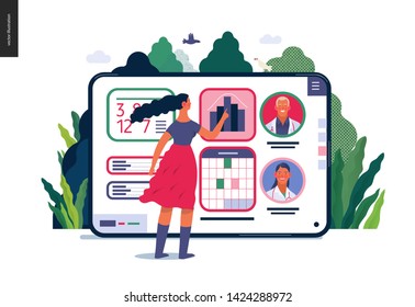 Medical insurance - medical application -modern flat vector concept digital illustration - female user managing the schedule in the hospital application on the tablet