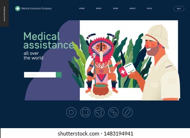 Medical insurance - medical assistance all over the world - modern flat vector concept digital illustration -a traveller applying to a shaman healer for medical help, part of insurance plan