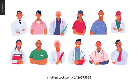 Medizinische Versicherung - Beste Ärzte - modernes Flachvektorkonzept, digitale Illustration - Fachärzte - Portraits von Ärzten und Krankenschwestern, Ärzteteam-Konzept, Ärztehaus oder Laboratorium