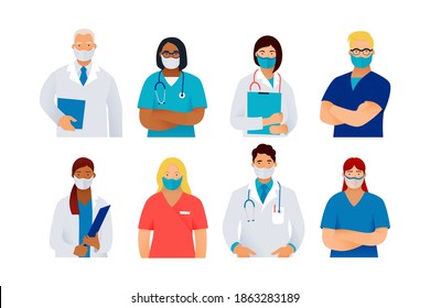 Medical Insurance. Best Doctors. Modern Flat Vector Concept Illustration. Medical Specialists in Masks. Doctors and Nurses Portraits, Team of Doctors.