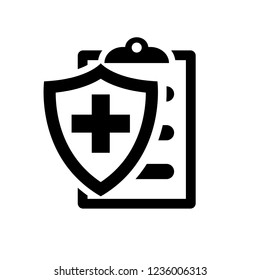 Medical insurance black silhouette icon. Patient protection. Medical report sign. Clipboard and shield with a cross as a symbol insurance. Vector illustration flat design. Isolated on white background