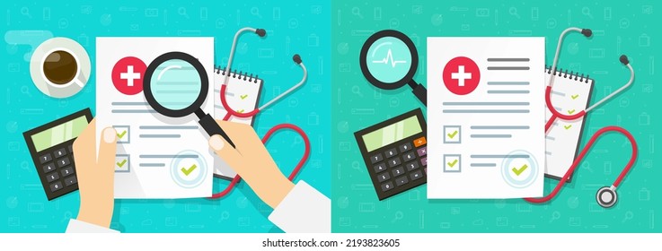 Medical insurance card healthcare vector with doctor hands research analysis diagnosis or patient record data information form document from clinic hospital on office table top view illustration