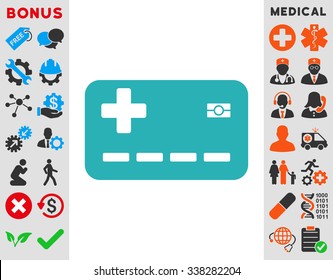 Medical Insurance Card vector icon with bonus. Style is flat symbol, cyan color, rounded angles, white background.