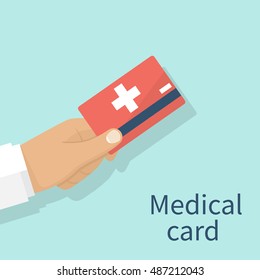 Medical Insurance Cards Holding In Hand Doctor.  Isolated On Background. Vector Illustration Flat Design. Medical Service Concept