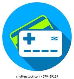 Medical Insurance Cards long shadow icon. Style is a light flat symbol with rounded angles on a blue round button.