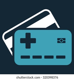 Medical Insurance Cards vector icon. Style is bicolor flat symbol, blue and white colors, rounded angles, dark blue background.