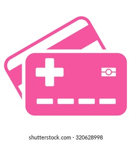 Medical Insurance Cards vector icon. Style is flat symbol, pink color, rounded angles, white background.