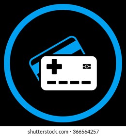 Medical Insurance Cards vector icon. Style is bicolor flat circled symbol, blue and white colors, rounded angles, black background.