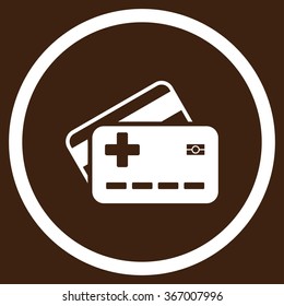 Medical Insurance Cards vector icon. Style is flat circled symbol, white color, rounded angles, brown background.