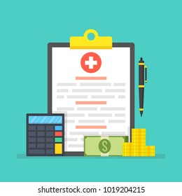 Medical insurance, medical care concept. Medical clipboard. Vector illustration.