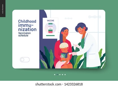 Medical insurance -childhood immunization, vaccination -modern flat vector concept digital illustration - pediatrician vaccinating a toddler sitting on his mothers knees, medical office or laboratory