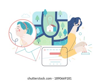 Seguro médico - contactos clínicos - moderno concepto de vector plano ilustración digital de detalles de contacto - dirección, mapa, correo electrónico, teléfono, formulario de contacto, operador de llamadas. Ayuda médica, parte del plan de seguro