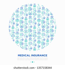 Medical insurance concept in circle thin line icons: policy, life insurance, psychological support, maternity program, 24/7 support, mobile app, telemedicine. Vector illustration for print media.