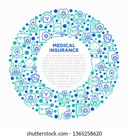 Medical insurance concept in circle thin line icons: policy, life insurance, psychological support, maternity program, 24/7 support, mobile app, telemedicine. Vector illustration for print media.