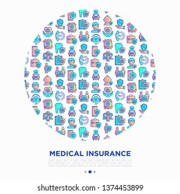 Medical insurance concept in circle thin line icons: policy, life insurance, psychological support, maternity program, 24/7 support, mobile app, telemedicine. Vector illustration for print media.