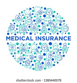 Medical insurance concept in circle thin line icons: policy, life insurance, psychological support, maternity program, 24/7 support, mobile app, telemedicine. Vector illustration for print media.