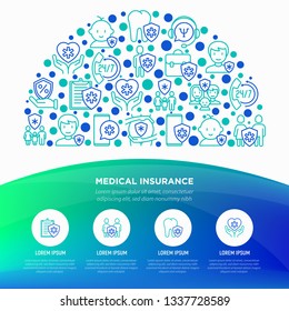 Medical insurance concept in half circle with thin line icons: policy, life insurance, psychological support, maternity program, 24/7 support, telemedicine. Vector illustration for print media.