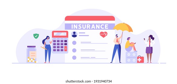 Medical insurance. Concept of health insurance and life insurance. Protection of health and life of people with document of insurance. Healthcare and medical service. Vector illustration in flat 