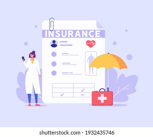 Medical insurance. Concept of health insurance and life insurance. Protection of health and life of people with document of insurance. Healthcare and medical service. Vector illustration in flat 