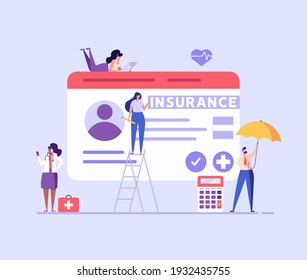 Medical insurance. Concept of health insurance and life insurance. Protection of health and life of people with document of insurance. Healthcare and medical service. Vector illustration in flat 