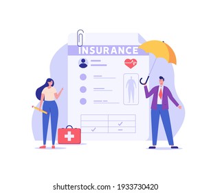 Medical insurance. Concept of health insurance and life insurance. Protection of health and life of people with document of insurance. Healthcare and medical service. Vector illustration in flat 