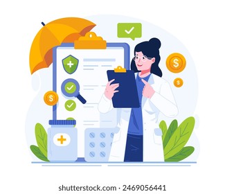 Medical Insurance Concept Illustration. A Female Doctor Holding a Clipboard Explains a Health Insurance Policy