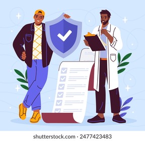 Medical insurance concept. Man near doctor in medical uniform with agreement and contract. Clinic services spendings coverage. Health care and medicine, treatment. Cartoon flat vector illustration