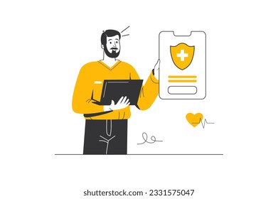 Medical insurance concept with people scene in the flat cartoon design. The man familiarizes himself with the conditions of health insurance. Vector illustration.