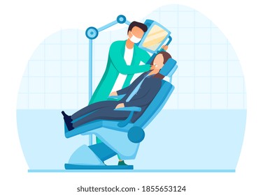 Medical insurance concept. Routine dental checkup. Dental procedure with patient, dentist checking teeth in dental office. Cartoon flat vector illustration isolated on white background